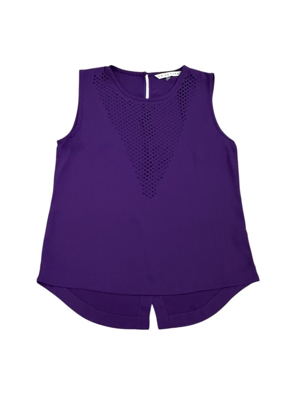 Trina Turk Women Small Purple Sleeveless Tank Blouse Eyelet Laser Cut Out Betsey